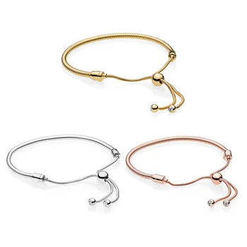 

S925 Sterling Silver Sliding Clasp Adjust Moments Bracelet Bangles Fit Women Pan Diy Beads Charm Snake chain Jewelry gift