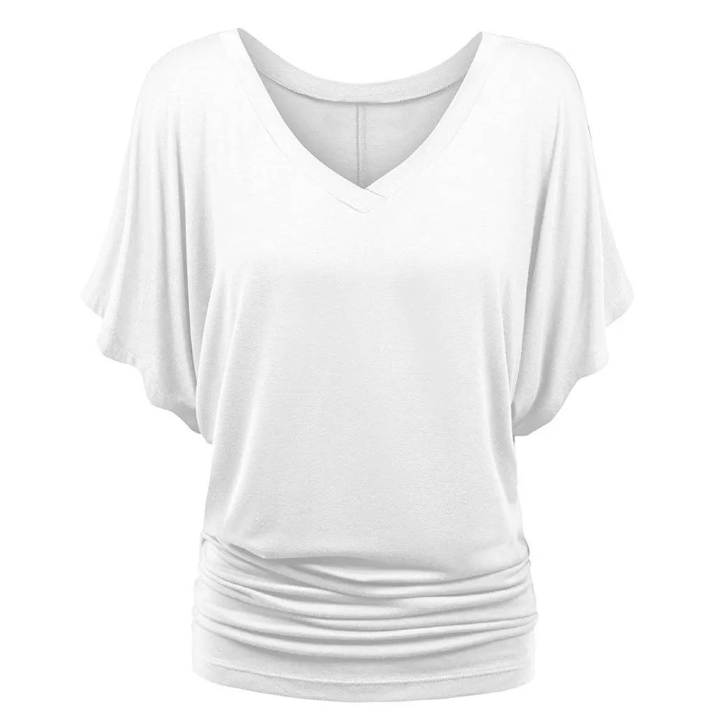 

Plus Size Women Shirt Batwing Sleeve Foldable Hem Solid V-Neck Loose Tops Ladies Soft Tee Shirt Basic blusas mujer de moda 2019