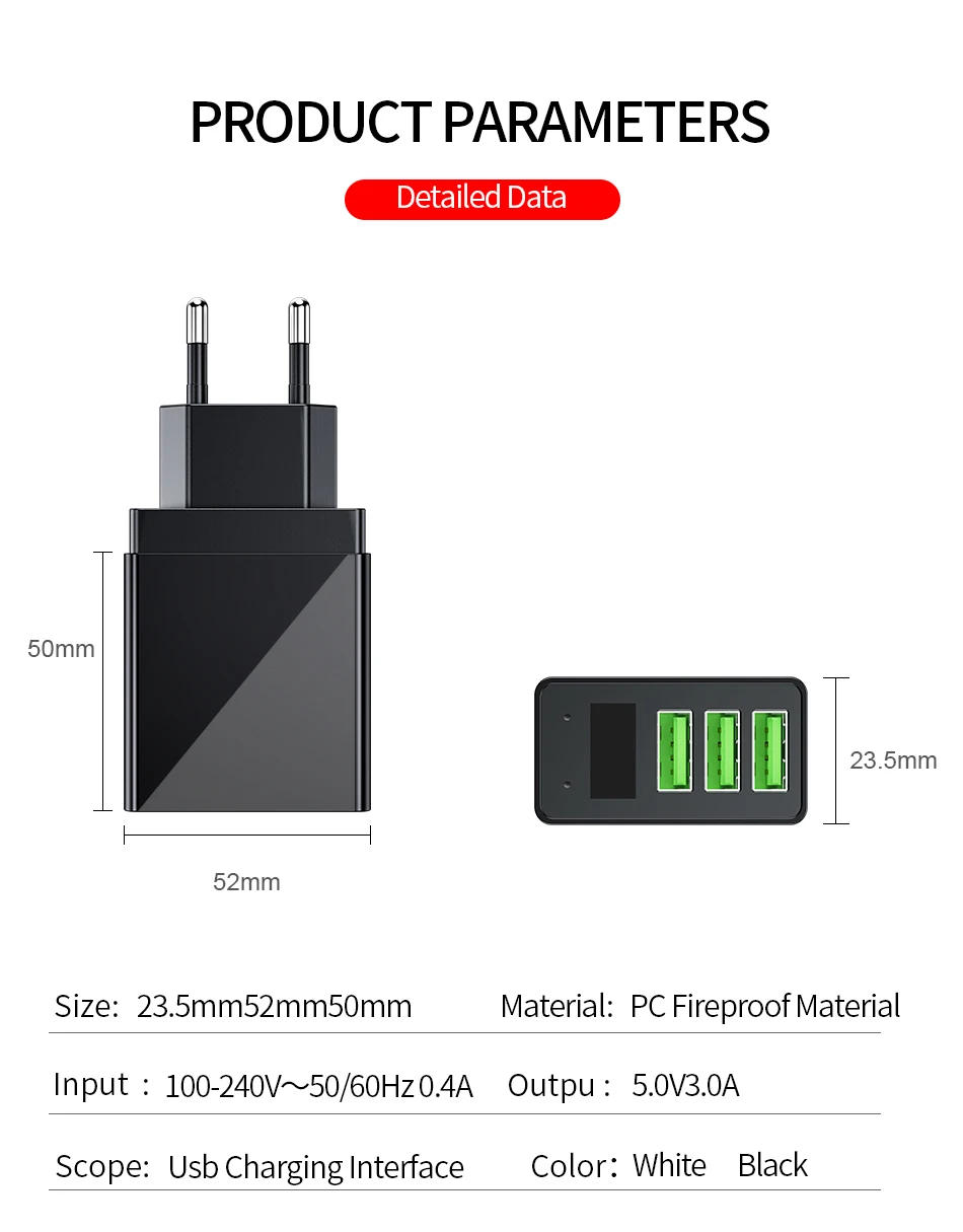 Универсальный светодиодный дисплей, штепсельная вилка европейского стандарта, 3 порта, USB зарядное устройство 3.1A, USB ЗУ для мобильного телефона, быстрая зарядка, настенное зарядное устройство для iPhone 11 Pro Max
