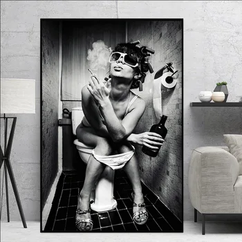 

Sexy Women Smoking In Toilet Canvas Paintings Black and White Wall Art Poster Print Modern Picture Restroom Bar Home Decoration