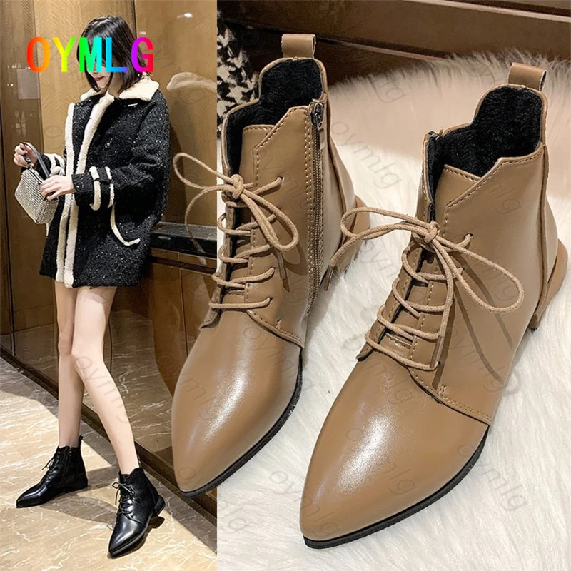Woman Ankle Boots Zipper Mid Square Heels Pointed Toe Fashion Ladies Casual Fashion Winter Warm Short Shoes 