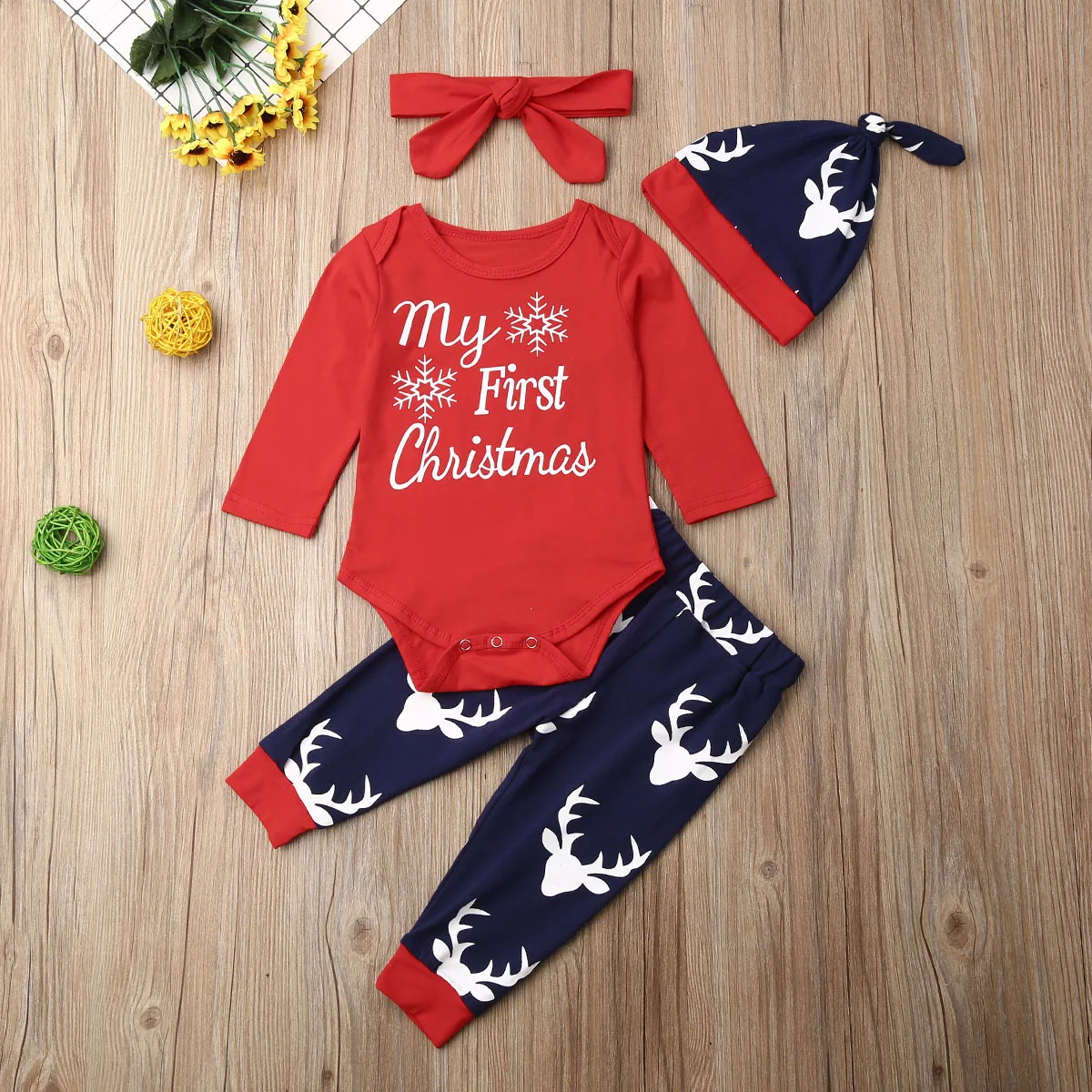 От 0 до 2 лет «My First Christmas» одежда с оленями для маленьких мальчиков и девочек Комбинезон+ штаны+ шапочка, комплект из 4 предметов