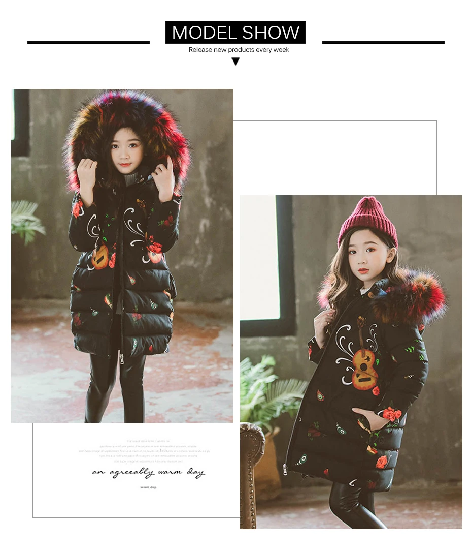 Girls Coats Fashion Print Down Jacket For Girls Big Fur Collar Parkas Kids Warm Children's Winter Clothes Christmas Streetwear