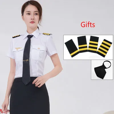 Short Sleeve 2 Gifts Новое поступление, Женская капитанская форма, комплект рубашек, приталенная рабочая одежда, модная брендовая женская одежда пилотов, белая рубашка, костюмы - Цвет: Short Sleeve 2 Gifts