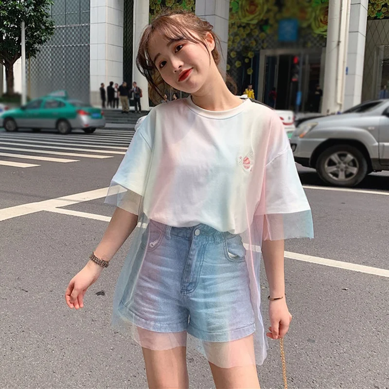 

Women's Fake Two Pieces Casual O-Neck Embroidery Pattern Mesh Stitching Short Sleeve Loose T-Shirt