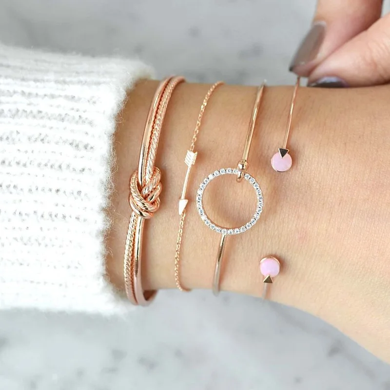 

Fashion Gold Silver Bangles Bracelet Set For Women Metal Geometric Round Charm Bracelet Femme Jewelry Link Chain Simple Bracelet