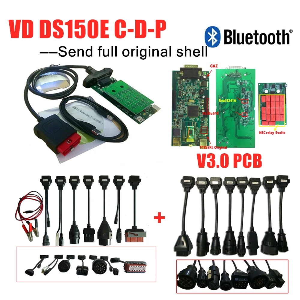 DHL. R0 с ключом для delphis vd ds150e c-d-p bluetooth Автомобильный obd диагностический для autocoms obd2 сканер+ 16 шт. автомобильные грузовые кабели