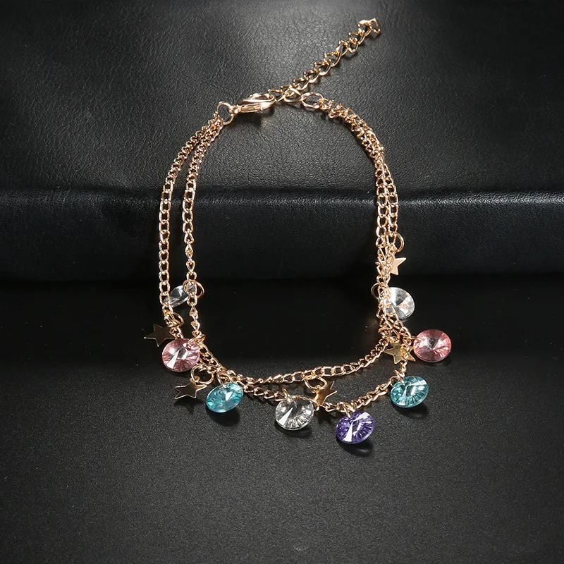 

Bohemian Fashion And Personality Five-pointed Star Colorful Gemstone Double Layer Set Anklet Europe And America