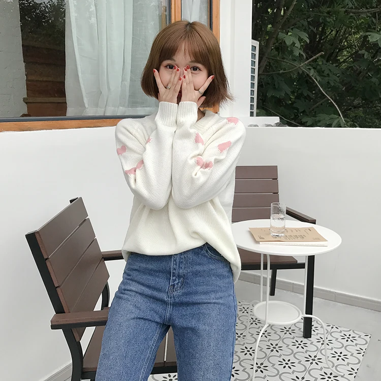 Harajuku Модный хлопковый женский свитер, милый студенческий вязаный свитер с вышитыми буквами Love, осенне-зимний женский свитер, пальто
