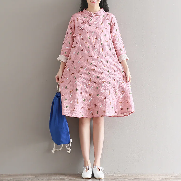 

Autumn New Style WOMEN'S Dress Literature And Art Retro Modified Version Cheongsam Large Size Loose-Fit Long Sleeve Cotton Linen