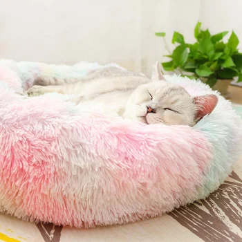 

Round Cat Bed Rainbow House Soft Long Plush Basket Pet Sleeping Bag Puppy Cushion Mat Portable Cat Supplies Pet Bed