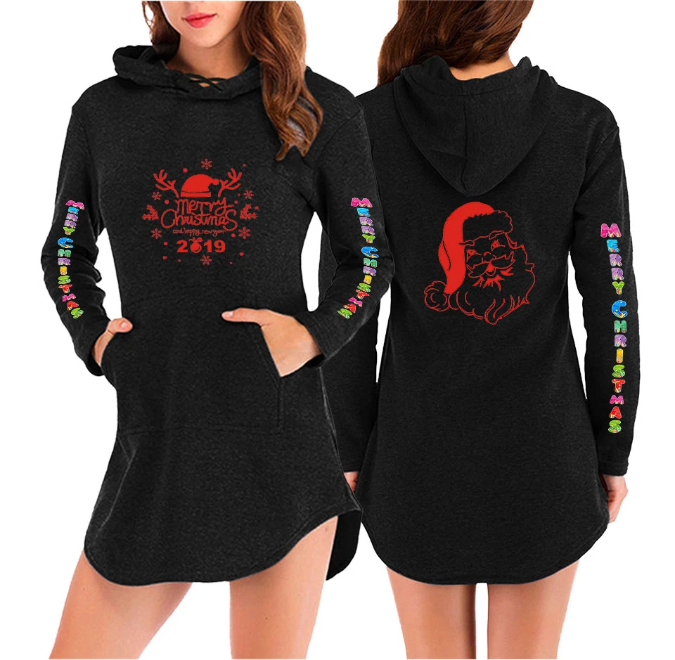 Fashion Women Autumn Hoody Sweatshirt Drawstring Merry Christmas print Long Sleeve Loose Hoodies Pullover Tops Harajuku