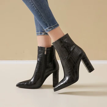 

Faux Leather Pointed Toe Ankle Boots for Women Square Block high Heel Short ladies Boots Woman Black white large size 34-43