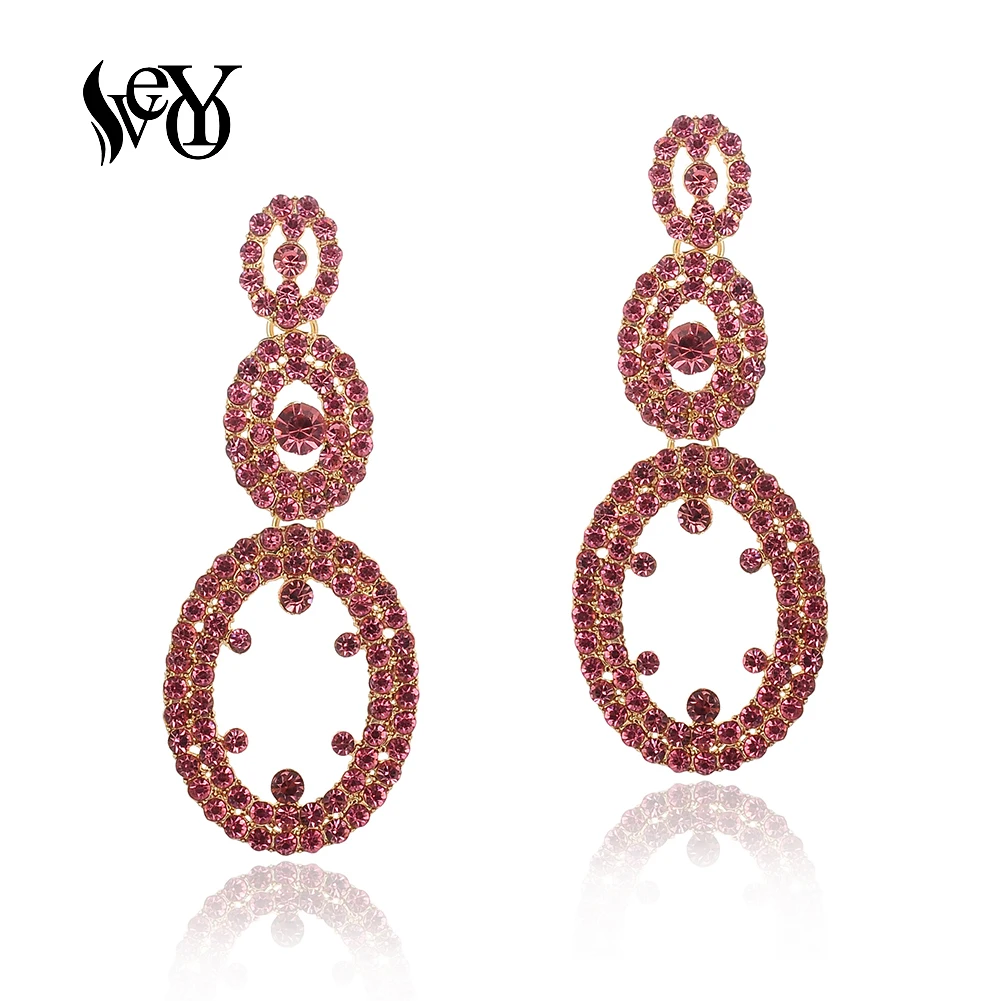 

VEYO Full Rhinestone Dangle Earrings for Women Pink Color Trendy Hollow out Drop Crystal Earrings Fashion Jewelry New Gift