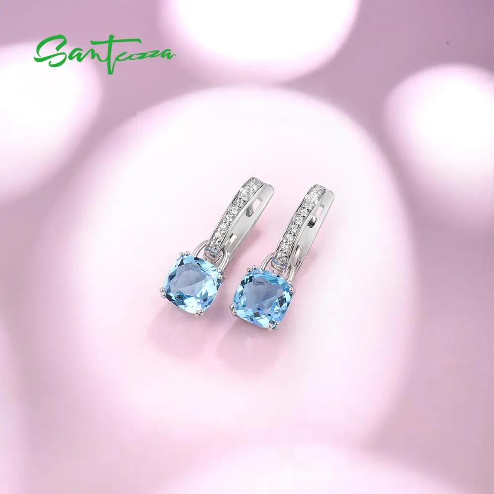 SANTUZZA Silver Earrings For Women 925 Sterling Silver Dangle Earrings Sky Blue Cubic Zirconia brincos Fashion Jewelry