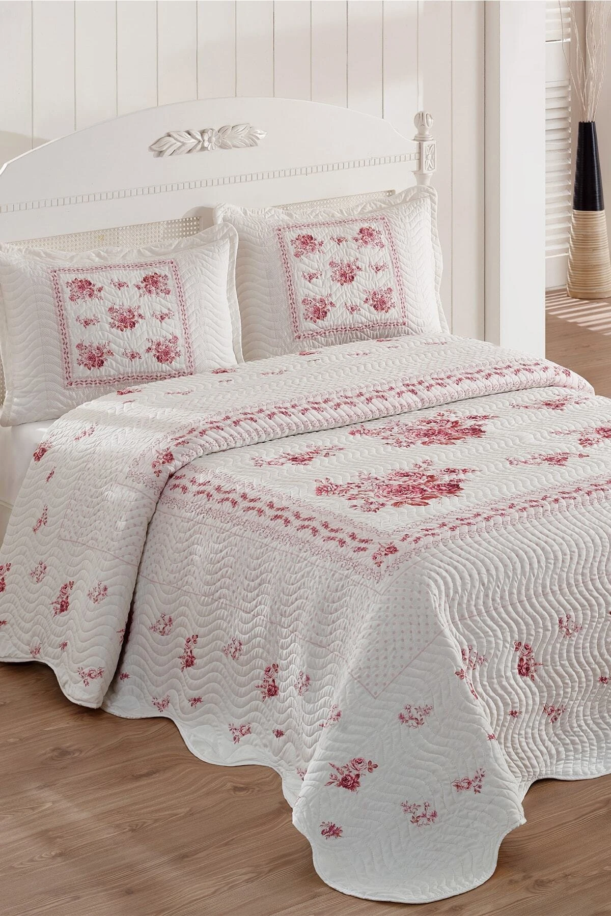 Flower Pink Double Personality Quilted Bedspread King Size White ...