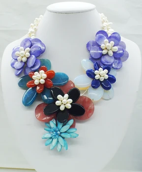 

NEW !! NO-1181# classic!!! Shell /Semi-precious stones Bride Wedding. Flower necklace 21"