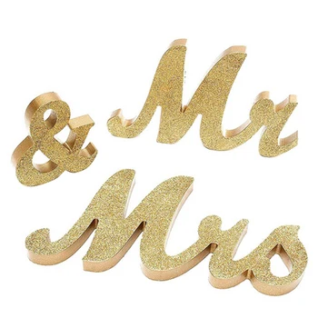 

Mr And Mrs Party Supplies Craft Gold Glitter DIY Gift Ornaments Sweetheart Wooden Wedding Signs Table Decorations Photo Props
