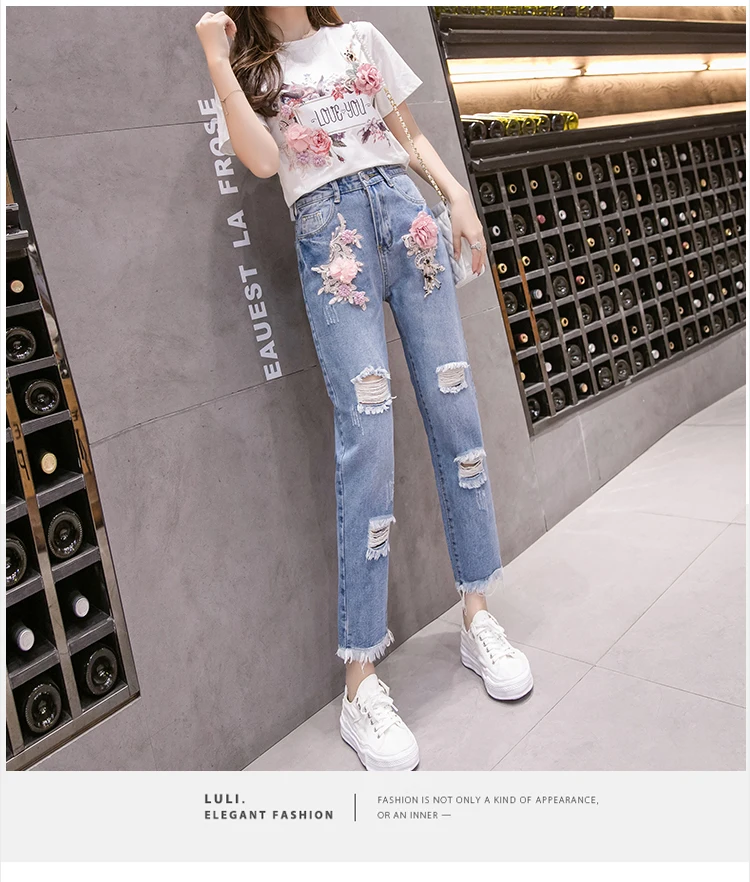 matching lounge set Two Piece Set Women 2021 2Pcs Summer Embroidery 3D Flower Short Sleeved Tshirt+Heavy Work Jean Rippered Hole Denim Pants Suit lounge wear sets