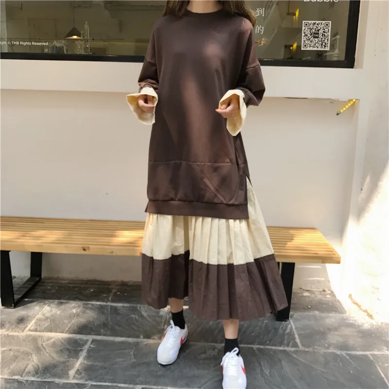 Корейский стиль Ulzzang осень-зима Для женщин длинное платье в стиле пэчворк толстовки плиссированное платье больших размеров коричневого цвета в стиле Харадзюку Выходное платье с рукавом