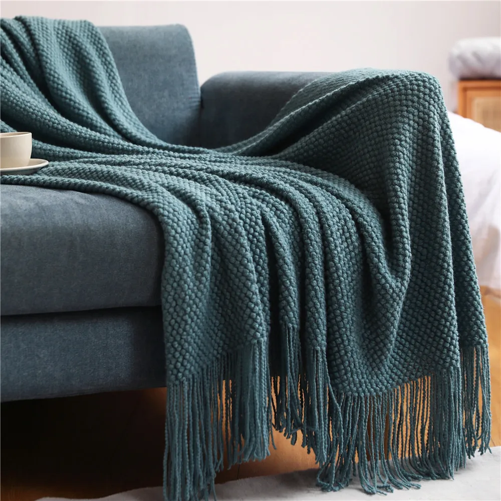 Textile City Corn Grain Waffle Embossed Knitted Blanket Home Decorative Thickened Winter Warm Tassels Throw Bedspread 130x240cm 3