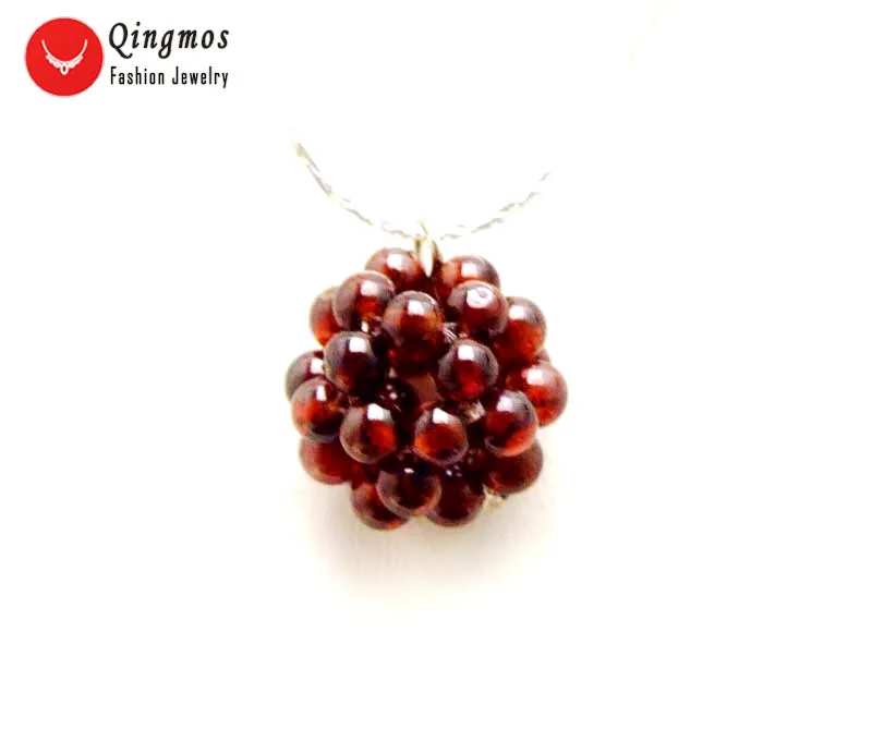 

Qingmos Natural 5mm Brown Garnet Handwork Weaving 18-20mm Round Ball Pendant Necklace for Women Silver Plated Chain Chokers 17''