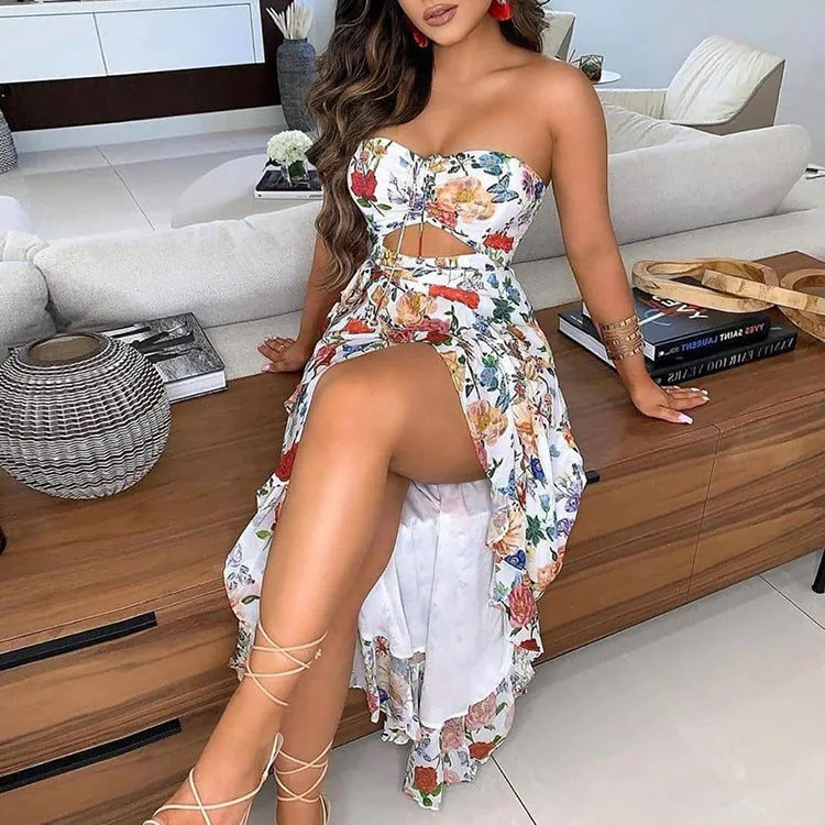 Dress Women Summer Europe new 2021 color printing strapless sexy hollow out tall waist Dresses Casual Vestidos GHH21201 black dress for women Dresses