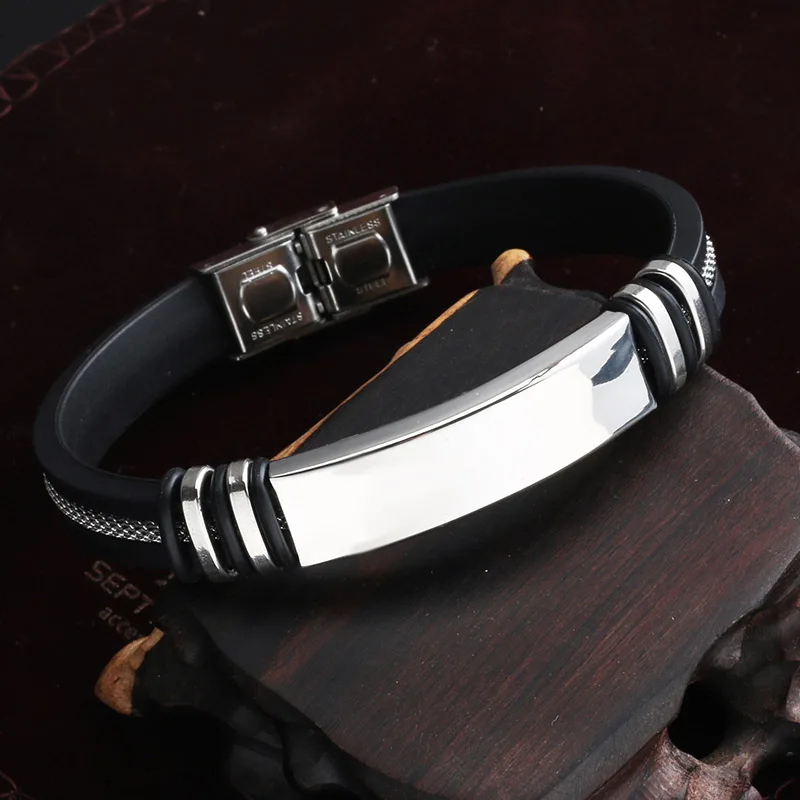 Bracelet Jewelry Trend Smooth Glossy Stainless Steel Metal Men's Bracelet Classical Black Silicone Grooved Braided Chain Bracelet