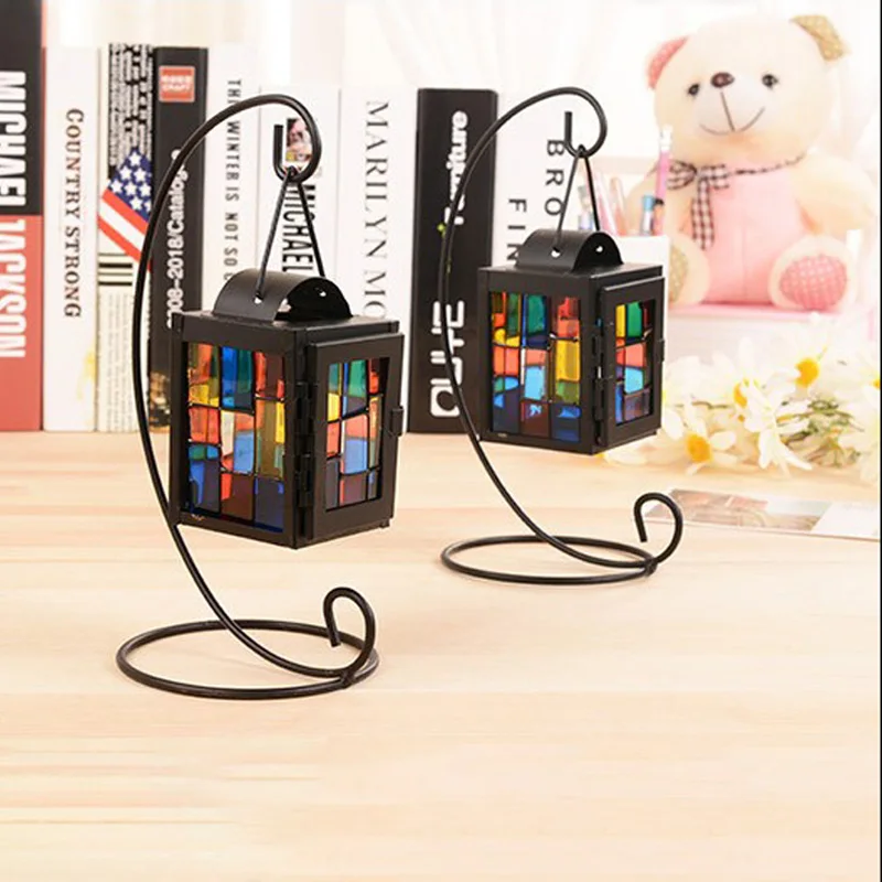 Винтажный черный металлический цветной стеклянный подсвечник марокканская