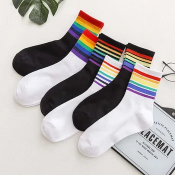 

Autumn Winter New Rainbow Stripe Middle Tube Socks Women Elastic Mouth Socks Breathable Deodorant Hosieries