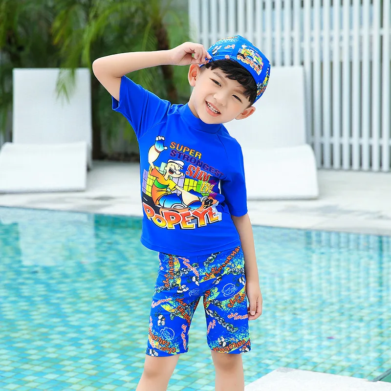 

New Style Children Boy Cartoon POPEYE Split Type Hooded Half Sleeve 2-12-Year-Old Large Size Segment Conservative Swimsuit