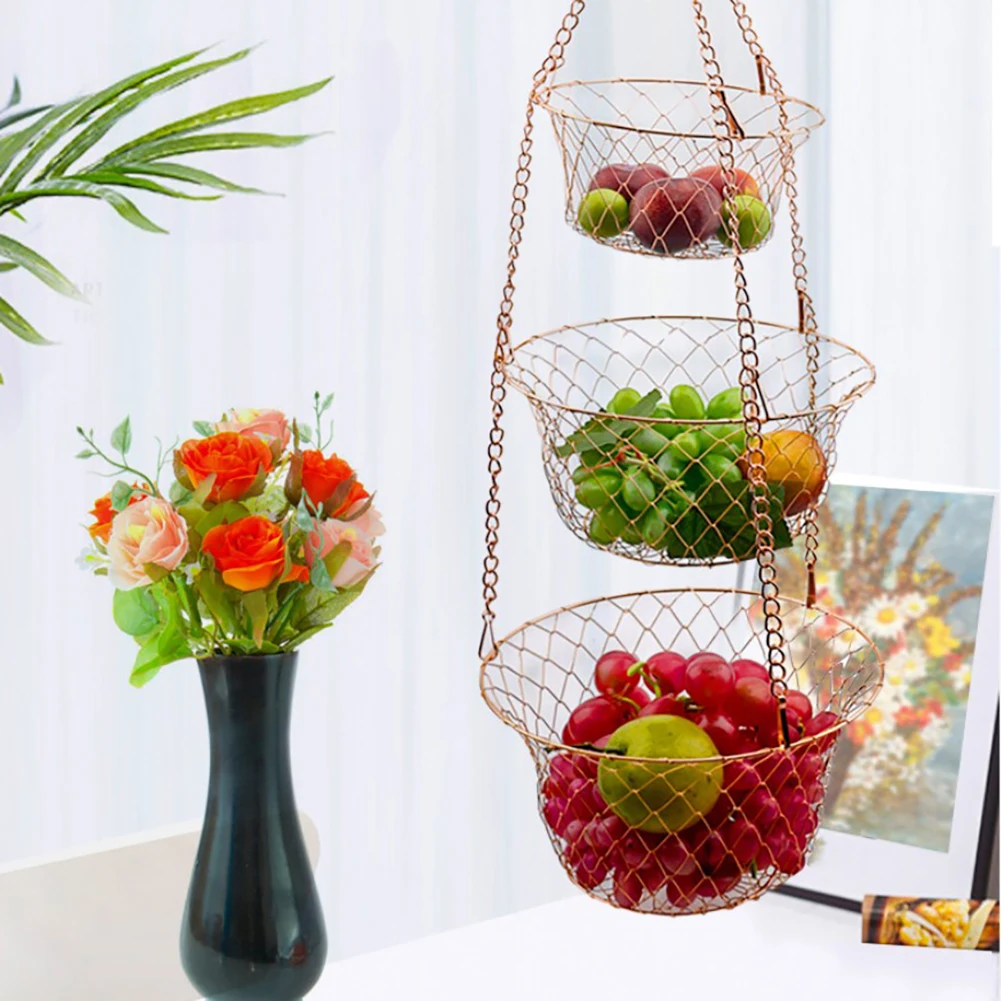 

Three-Layer Hanging Plant Holder Fruit Hanging Basket Iron Fruit Vegetable Bowl Household Hollow Fruit Display Basket Bronze