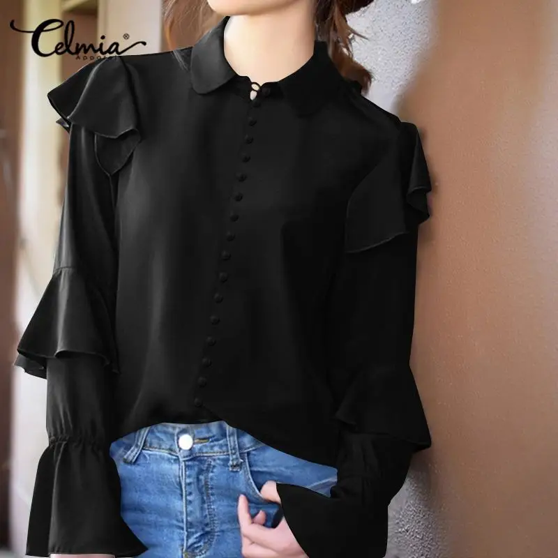 Stylish Women White Blouse Celmia Autumn Long Sleeve Ruffles Shirts Turn Down Collar Button Casual Elegant Tops Tunic Blusas 5XL - 4.00058E+12