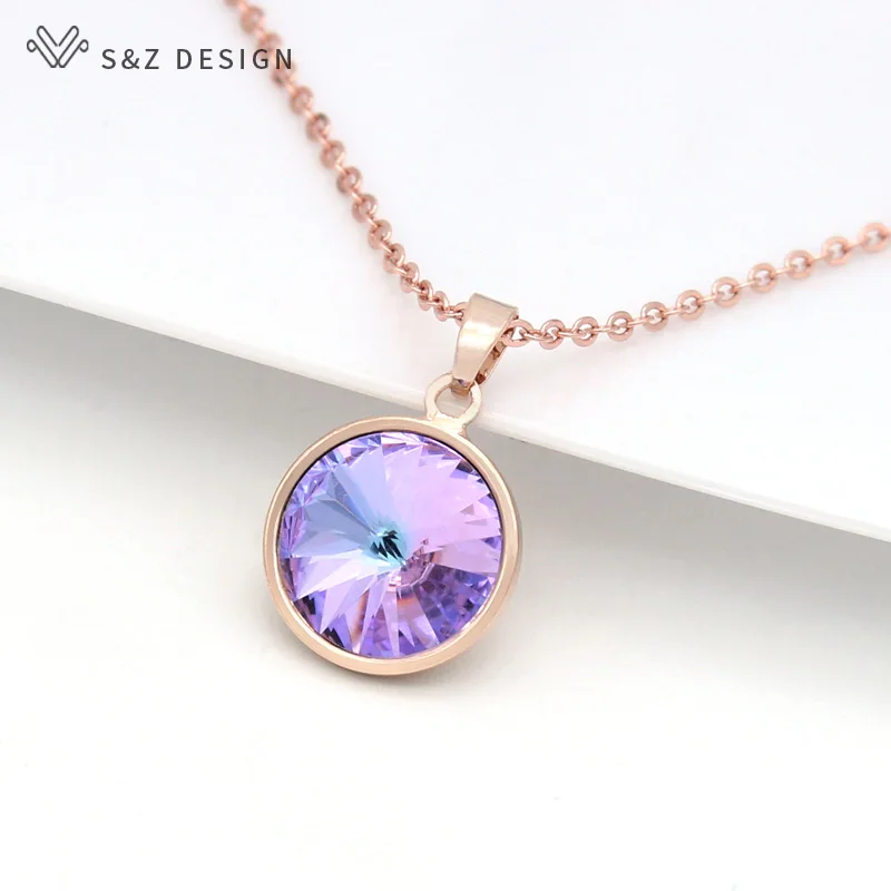 S&Z DESIGN New Fashion Round Crystal Pendant Necklace For Women Wedding Jewelry Lover Gift 585 Rose Gold Color