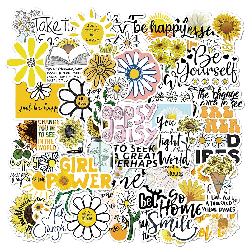 Pegatinas de margaritas con flores de dibujos animados para niños y niñas, calcomanía para equipajes, para Skateboard, Kawaii, moderna, guitarra, portátil, 50 Uds., F4