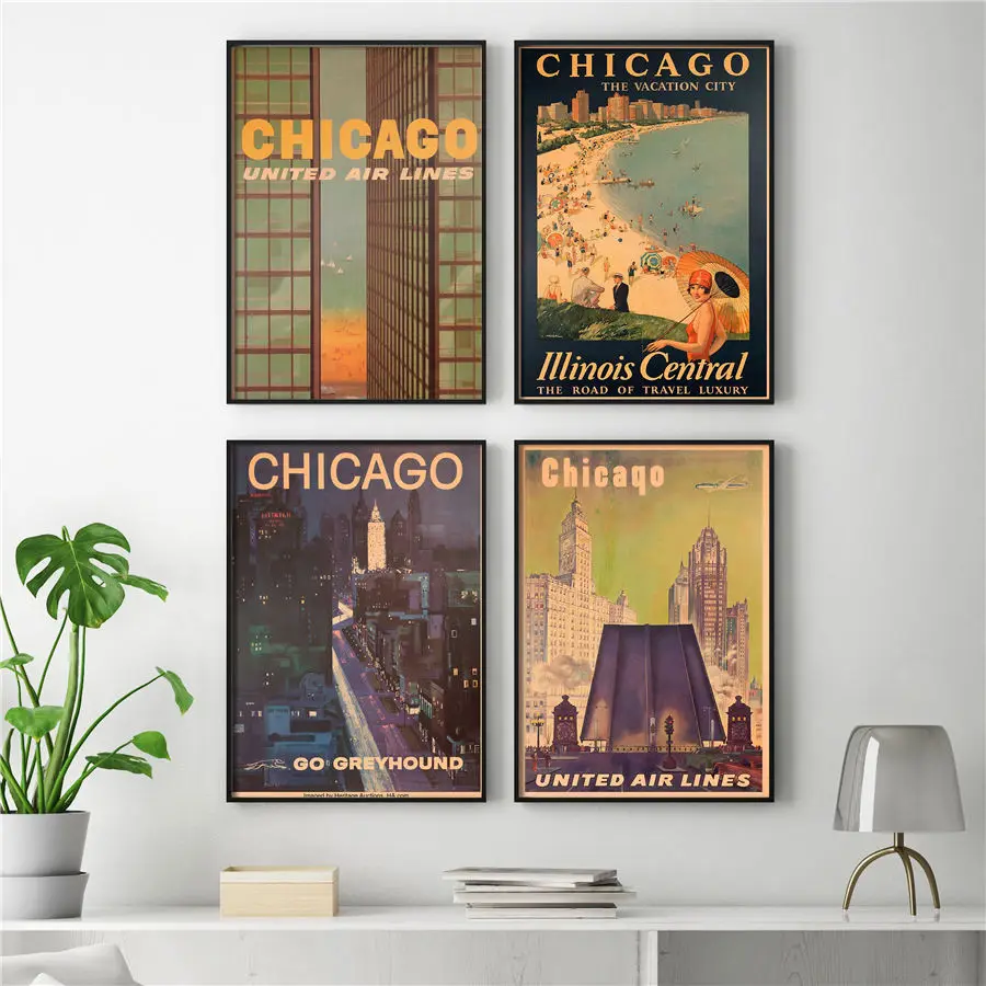 Chicago City Пейзаж Плакат ручной рисунок винтажная Печать стикер на стену бар кафе