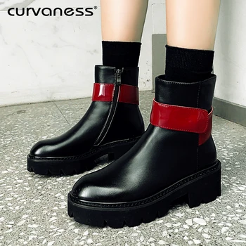 

Curvaness Spring Autumn Ankle Boots Women Platform Boots Rubber Sole Black Genuine Leather High Heels Shoes Woman Comfortable
