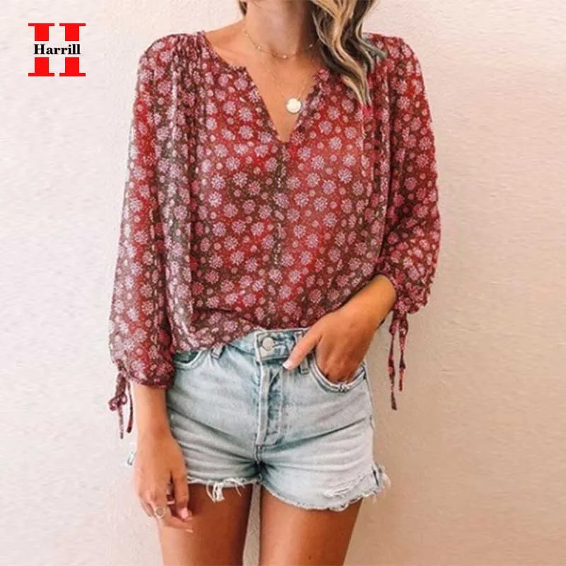 Women Chiffon Blouse Floral Print Long Sleeve Ladies Shirt Sexy Perspective Tops Womens Clothing Summer Loose Female Blouses