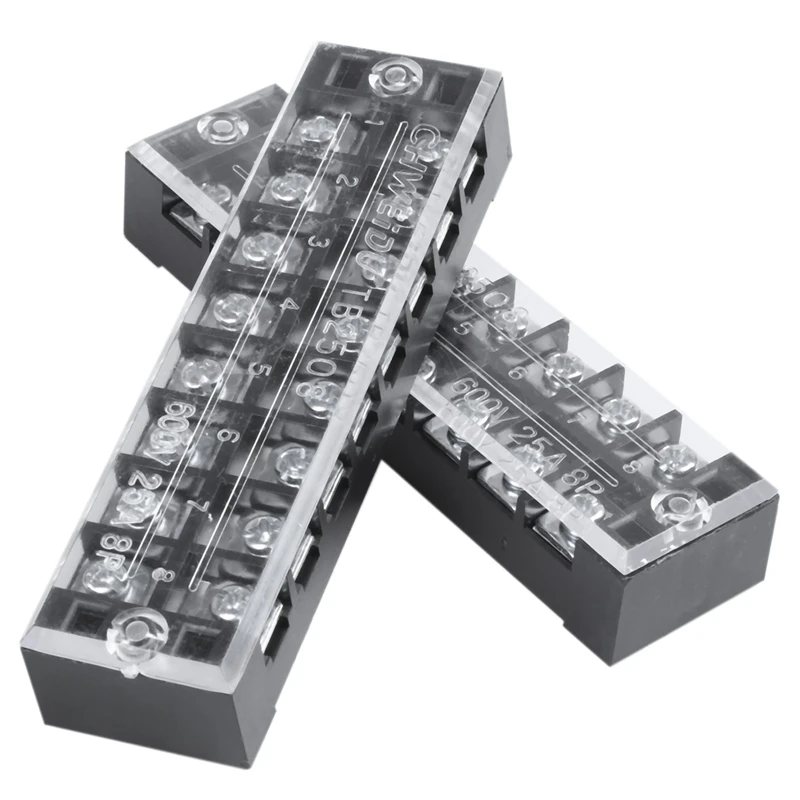 3 Pcs 600V 25A 8 Positions Dual Rows Covered Barrier Screw Terminal Block Strip Black