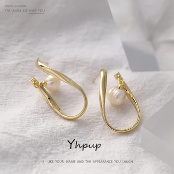 

Yhpup Statement Twisted Irregular Stud Earrings Luxury Natural Pearl Jewelry for Women Charm Metal Golden Earrings Gift 2020