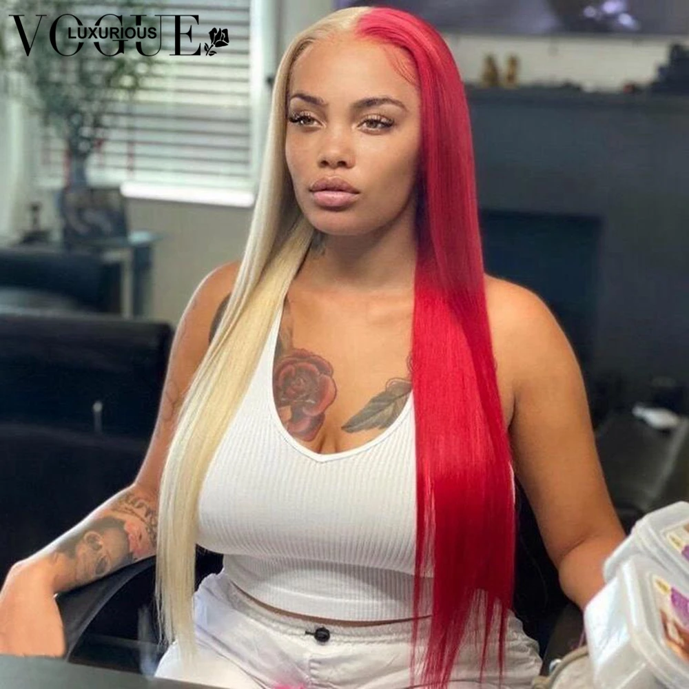 HOT SALES! Half Red Blonde 613 Lace Front Wig Human Hair Preplucked Straight Human Hair Wig Brazilian Colored Lace Front Human Hair Wigs