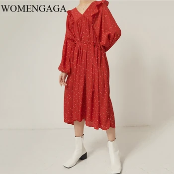 

Loose Women Pattern Printed Ruffles Midi Big Size Dress New V-Neck Long Sleeve Loose Fit Fashion Tide Spring Autumn 2020 1S319Q