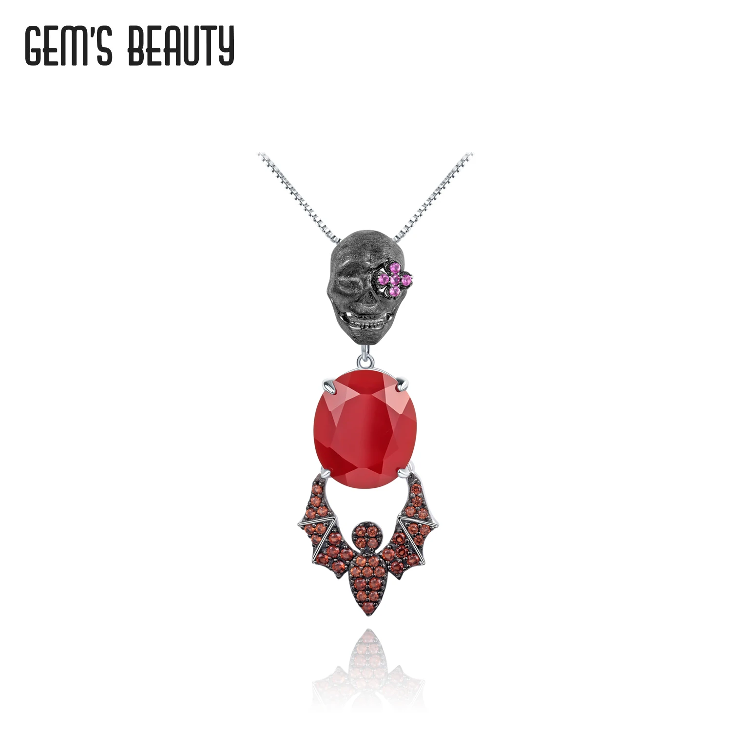 

GEM'S BEAUTY 925 Sterling Silver Necklace For Women Human Skeleton Bat Oval Natural Red Agate Handmade Pendant 2021 Trend