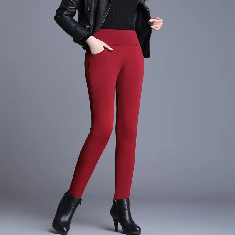 wine red OUMENGKA Plus Size Winter Thick Warm Cashmere High Waist Black Pants Women High Elastic Skinny Pants Stretchy Women Trousers 6XL - Цвет: wine red
