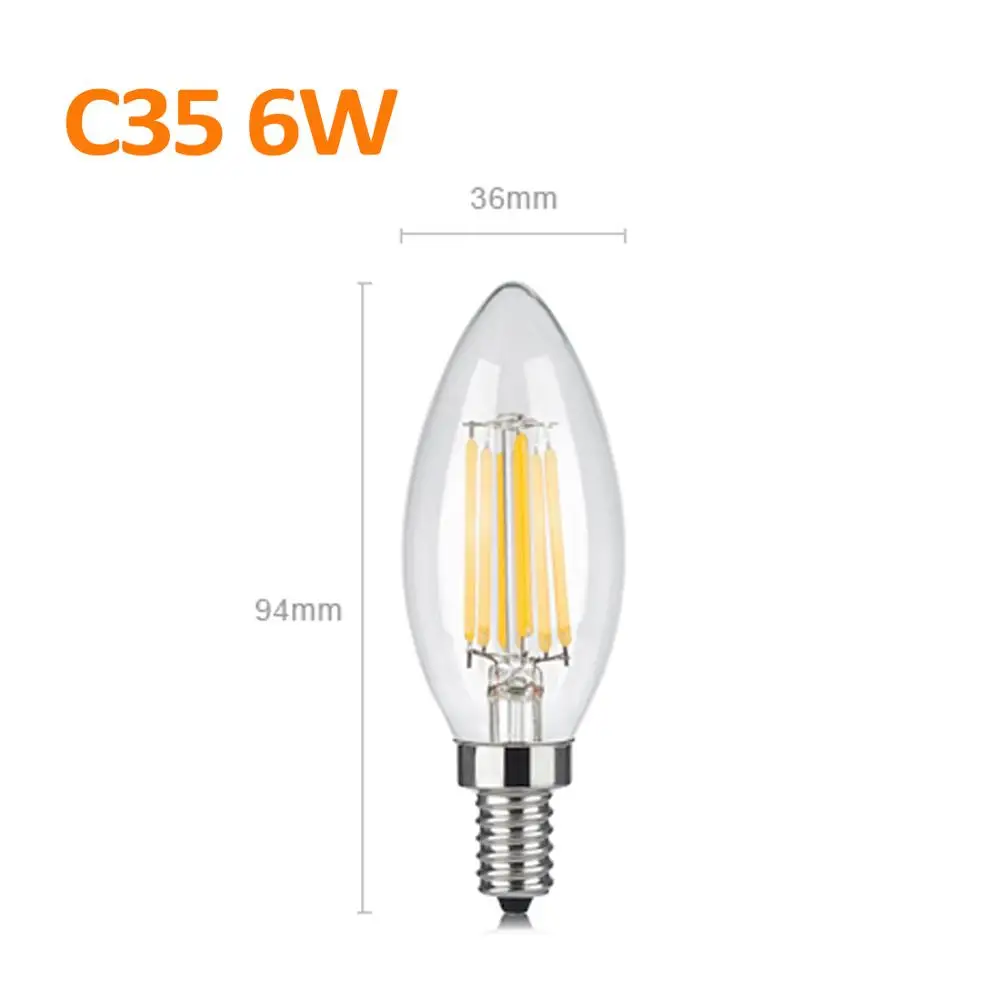 C35 E14 6W Винтажный светодиодный светильник с нитью накаливания, лампа Эдисона, ретро лампы переменного тока 220 В, E27, E14, bombillas для дома, заменить украшение, лампы накаливания - Цвет: C35 E14 6W