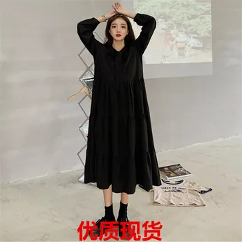 

A Generation of Fat 2020 Autumn Long-sleeved Dress Female Loose Slimming Skirt Black Tie Long Skirts