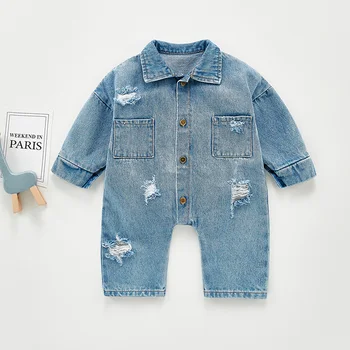 

Infant One-piece Bodysuit Autumn Fashion Baby Girl Denim Jumpsuit New Baby Boy Long-sleeved Ripped Romper Kids Baby Clothes
