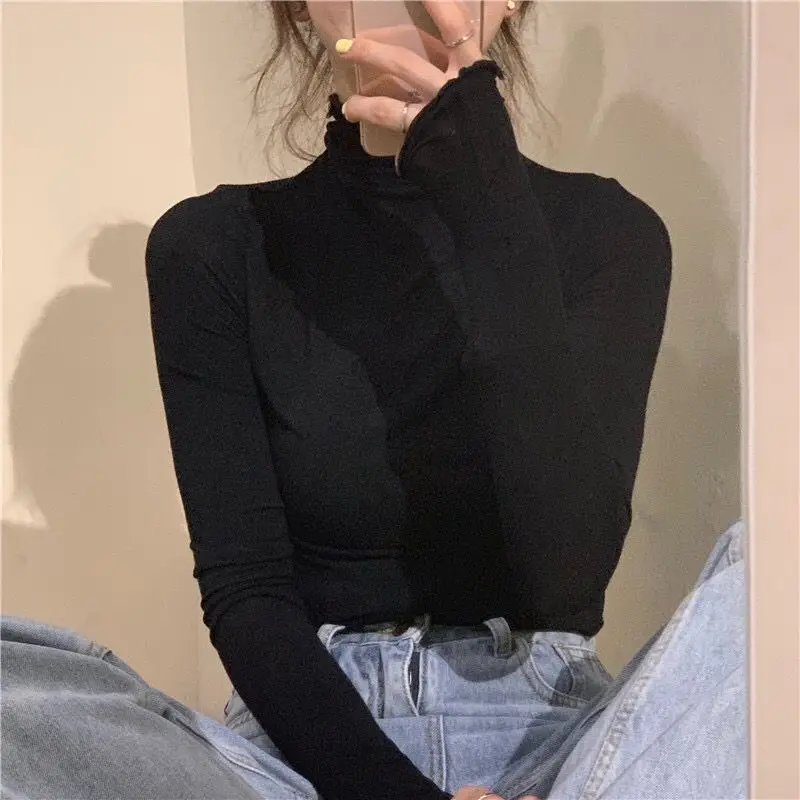 Long Sleeve T-shirts Women Solid Simple Basic All-match Korean Trendy Womens Tops Daily Soft Autumn Popular Ladies Clothing Tee