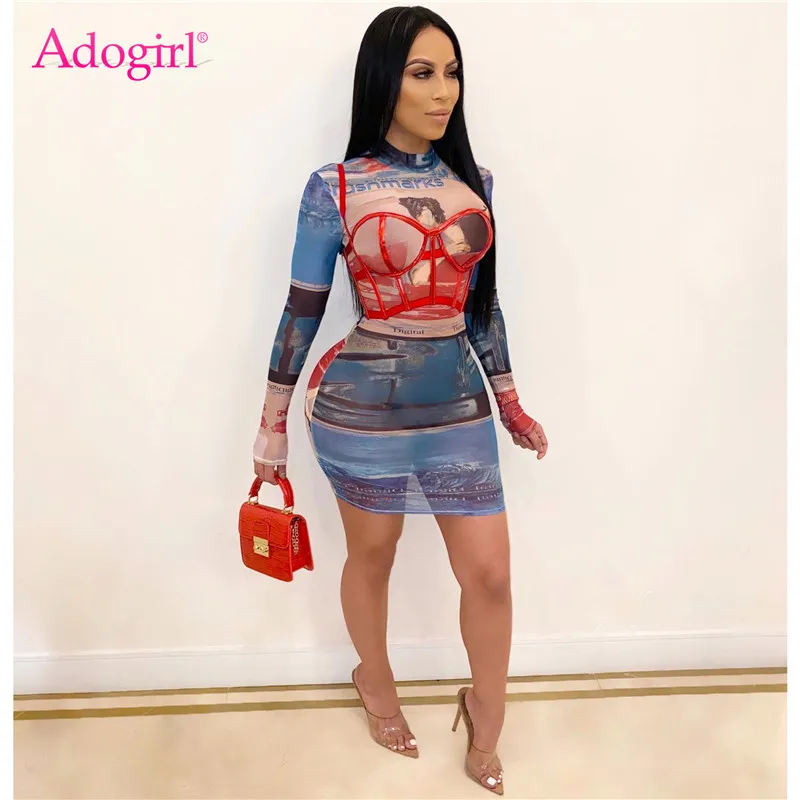 

Adogirl Fashion Bustier Print Mesh Women Sexy Dress Turtleneck Long Sleeve Bodycon Mini Night Club Dresses Female Casual Vestido