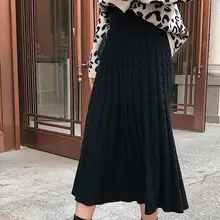 Теплые длинные вязаные зимние юбки для женщин с высокой талией, эластичные повседневные плиссированные юбки в стиле ампир, модные женские однотонные миди юбки